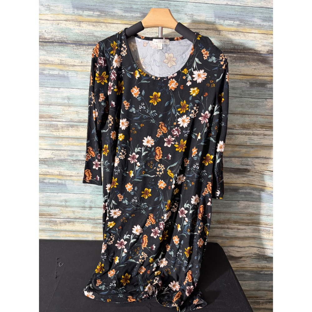 Nine Britton Shift Dress Medium Black Floral Excellent Long Sleeve Scoop Neck - Picture 2 of 4